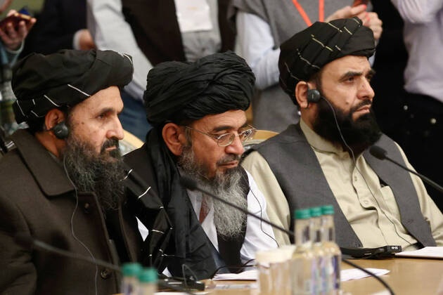 MOSCOW, RUSSIA - MARCH 18, 2021: Mullah Abdul Ghani Baradar (C), co-founder of the Taliban movement (banned in Russia),