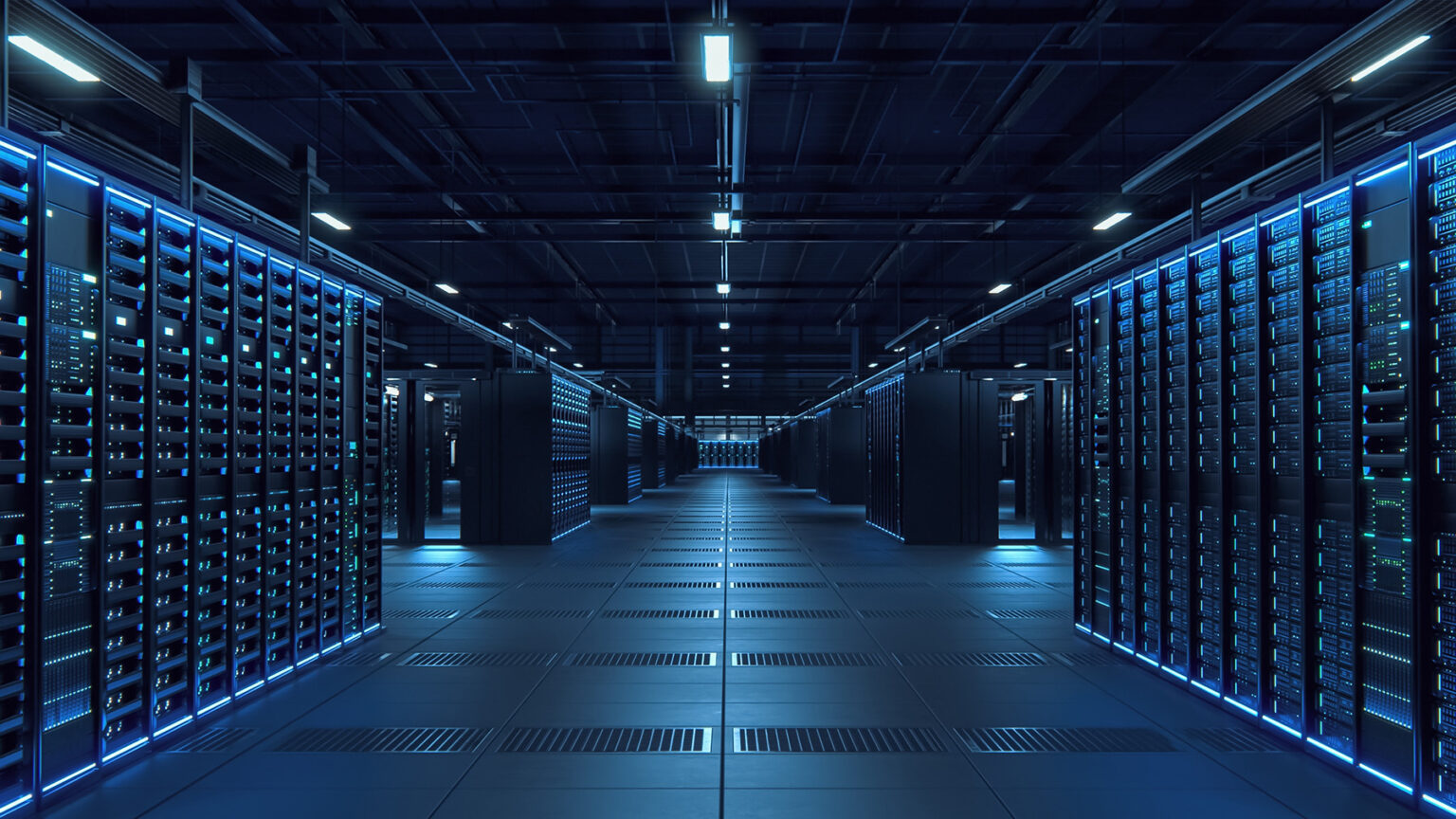 3d,Render,Of,Data,Technology,Center,Server,Racks.,Dark,Room
